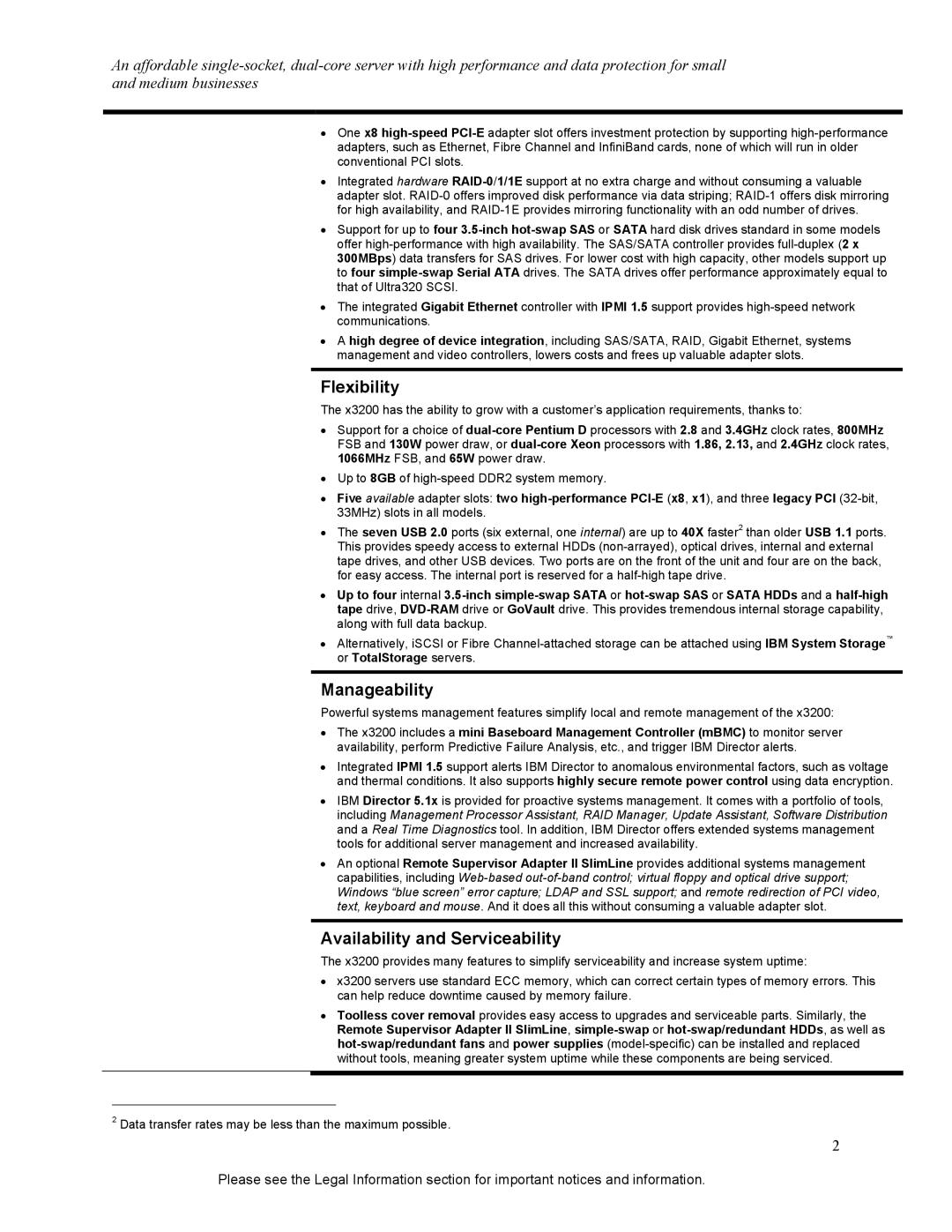 IBM X3200 specifications Flexibility, Manageability, Availability and Serviceability 