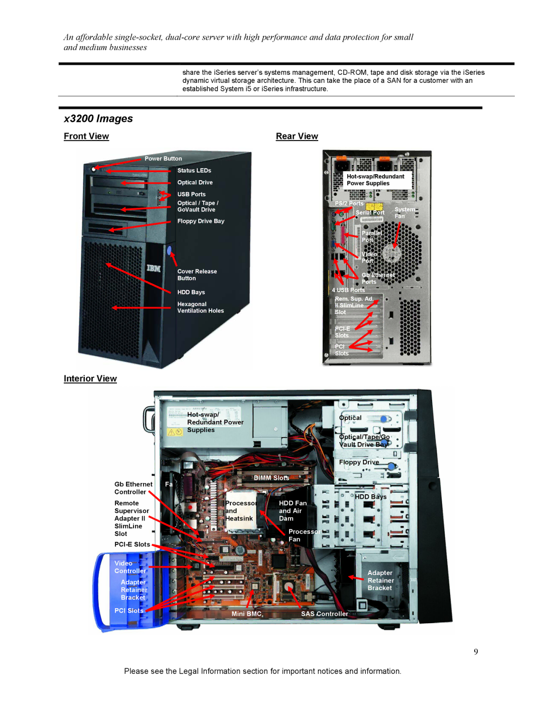 IBM specifications X3200 Images, Front View Rear View 