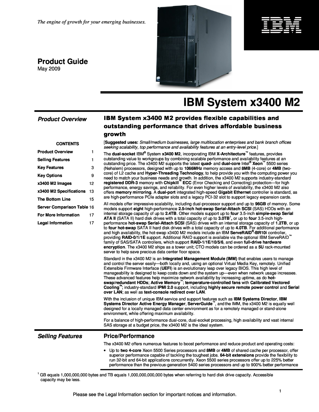 IBM X3400 M2 specifications Product Overview, Selling Features, Price/Performance, IBM System x3400 M2, Product Guide 