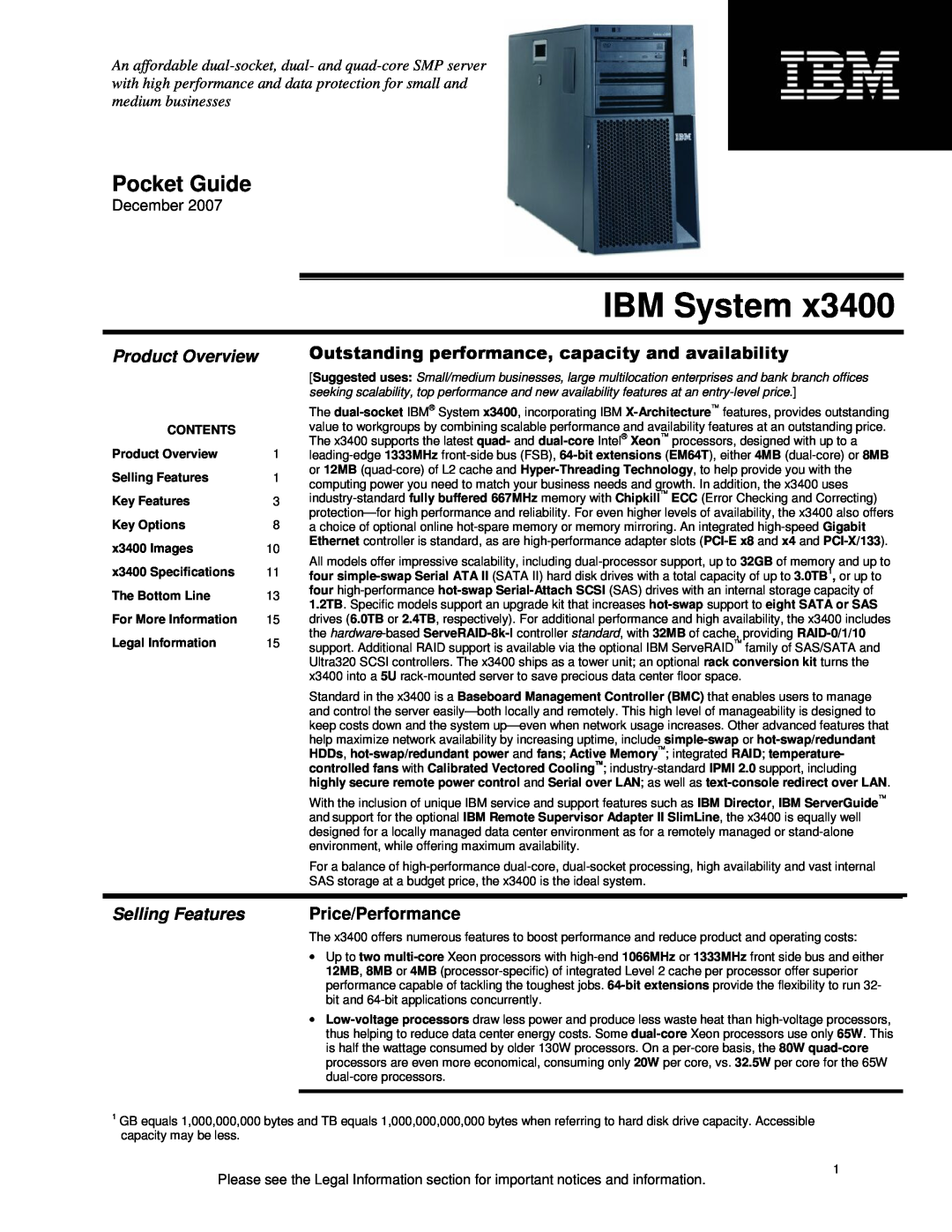 IBM x3400 specifications Product Overview, Selling Features, Price/Performance, December, IBM System, Pocket Guide 