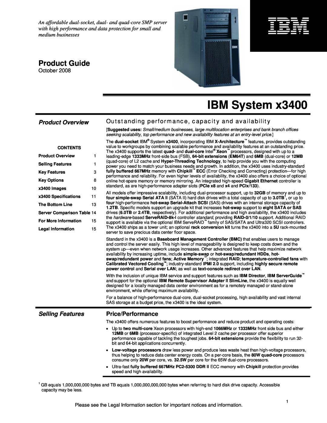 IBM x3400 specifications Product Overview, Selling Features, Price/Performance, October, IBM System, Product Guide 