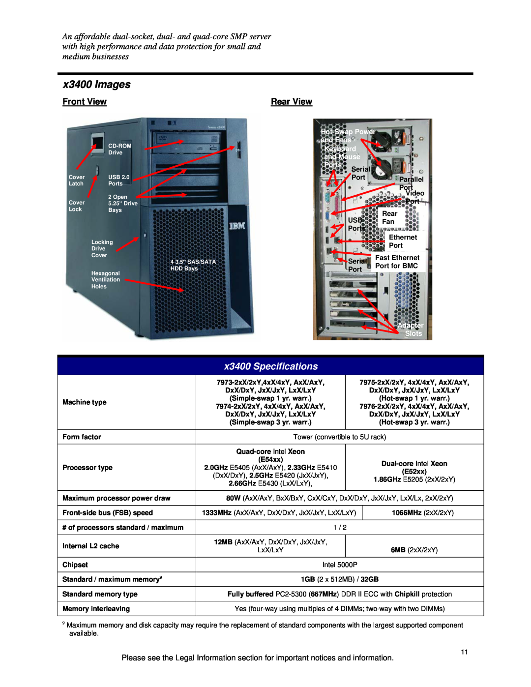 IBM specifications x3400 Images, x3400 Specifications, Front View, Rear View, Hot-SwapPower, and Fans, and Mouse, Ports 