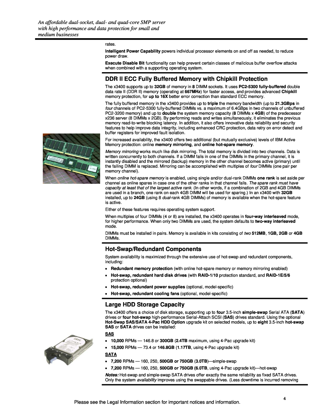 IBM x3400 specifications Hot-Swap/RedundantComponents, Large HDD Storage Capacity 