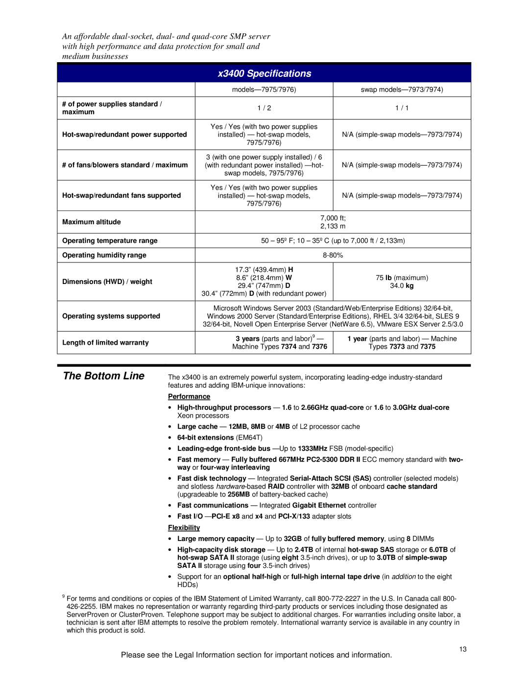 IBM x3400 specifications Bottom Line 