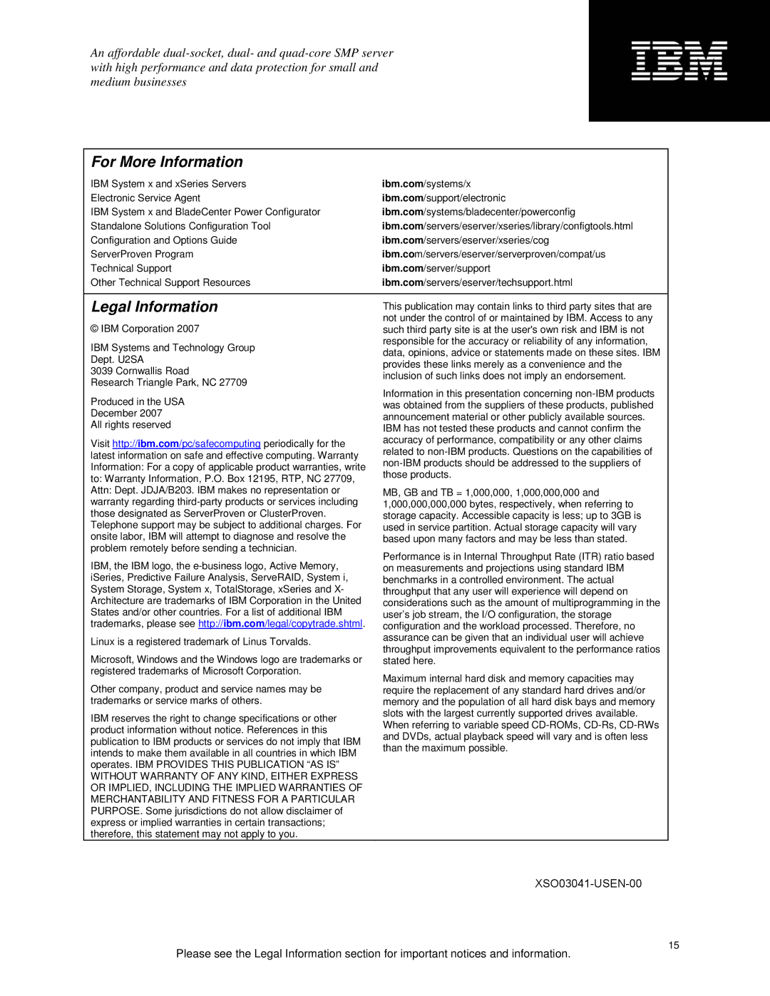 IBM x3400 specifications For More Information, Legal Information 