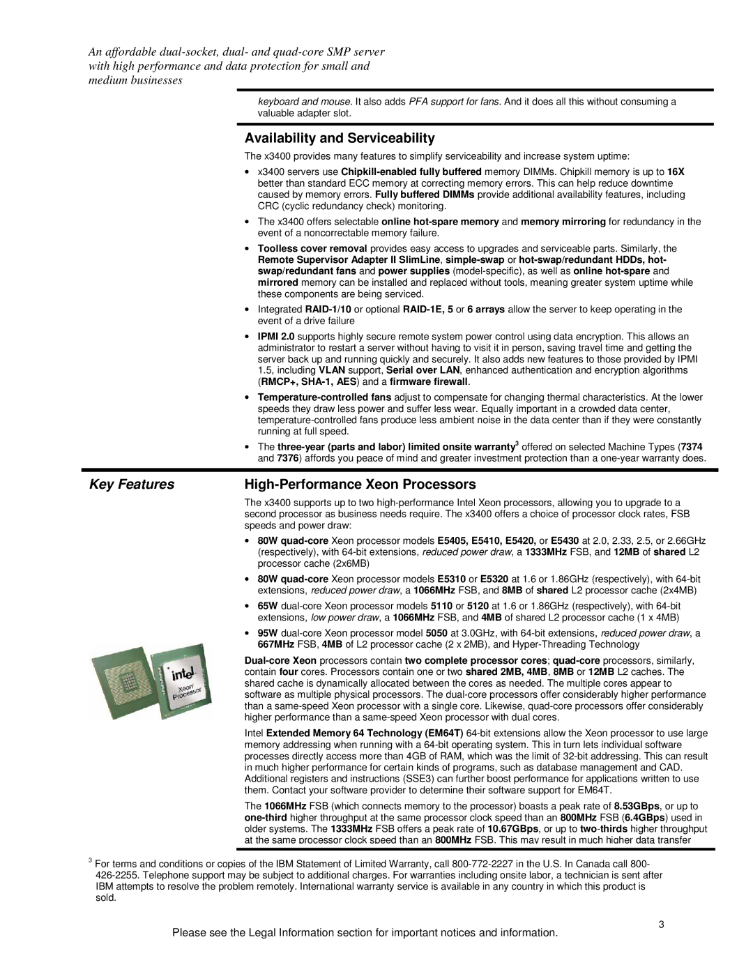 IBM x3400 specifications Availability and Serviceability, Key Features, High-Performance Xeon Processors 