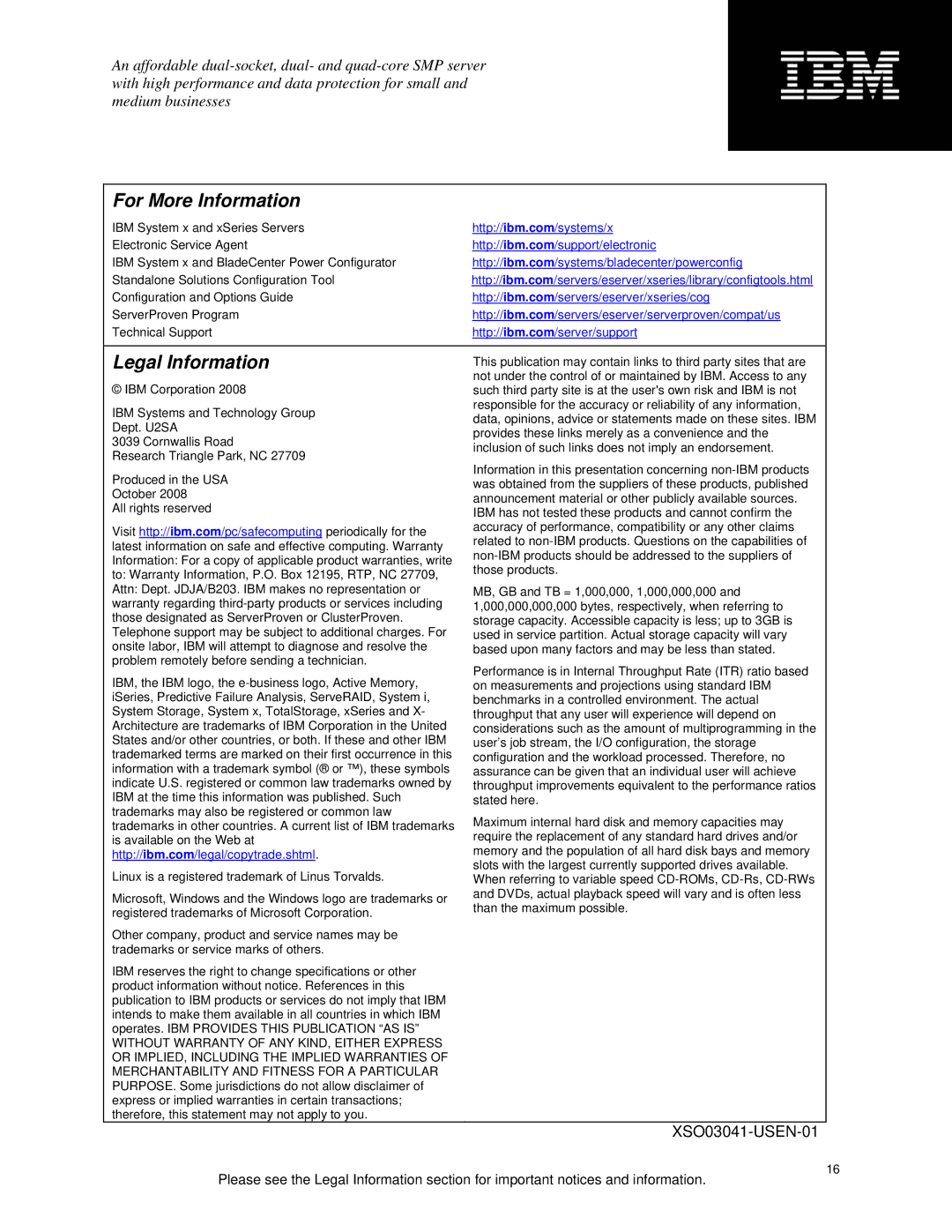 IBM x3400 specifications For More Information, Legal Information 