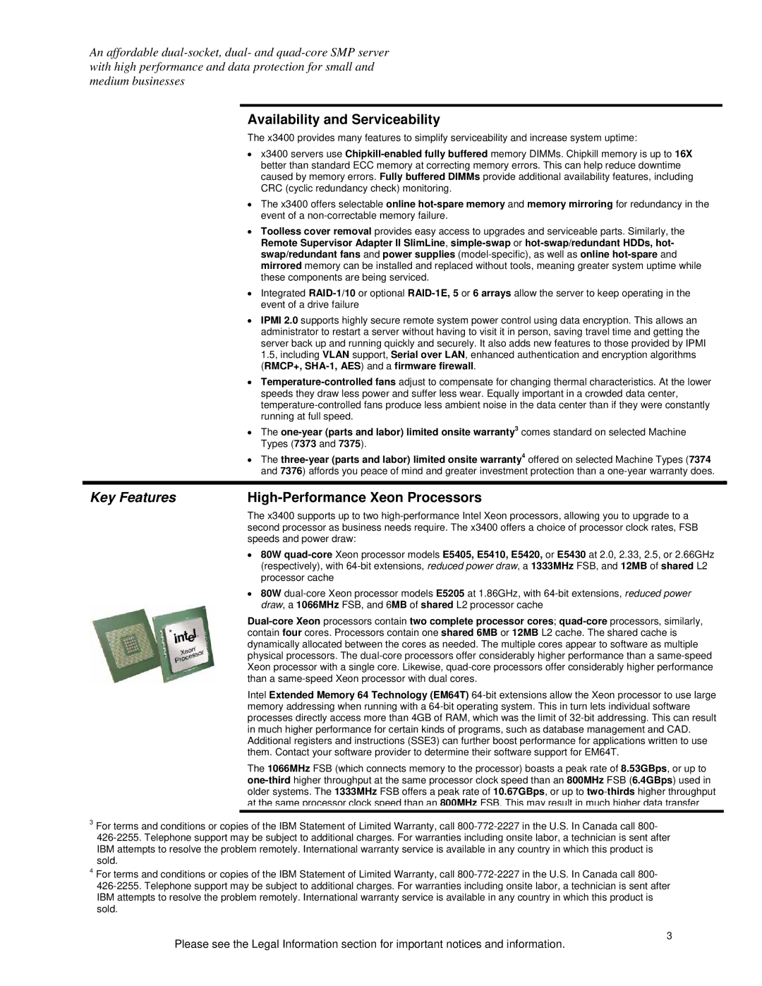 IBM x3400 specifications Availability and Serviceability, Key Features 