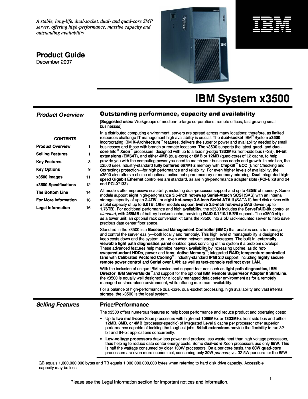 IBM X3500 specifications Product Overview, Selling Features, Price/Performance, December, IBM System, Product Guide 