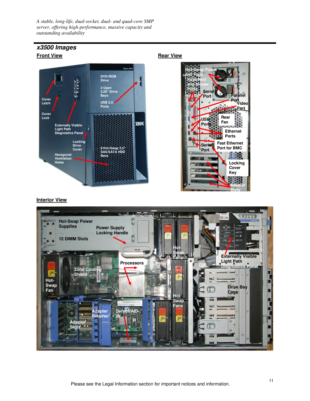 IBM X3500 Rear Fan Ports Ethernet, Serial, Port Locking Cover Key, FansExternally Visible Light Path, Drive Bay Cage 