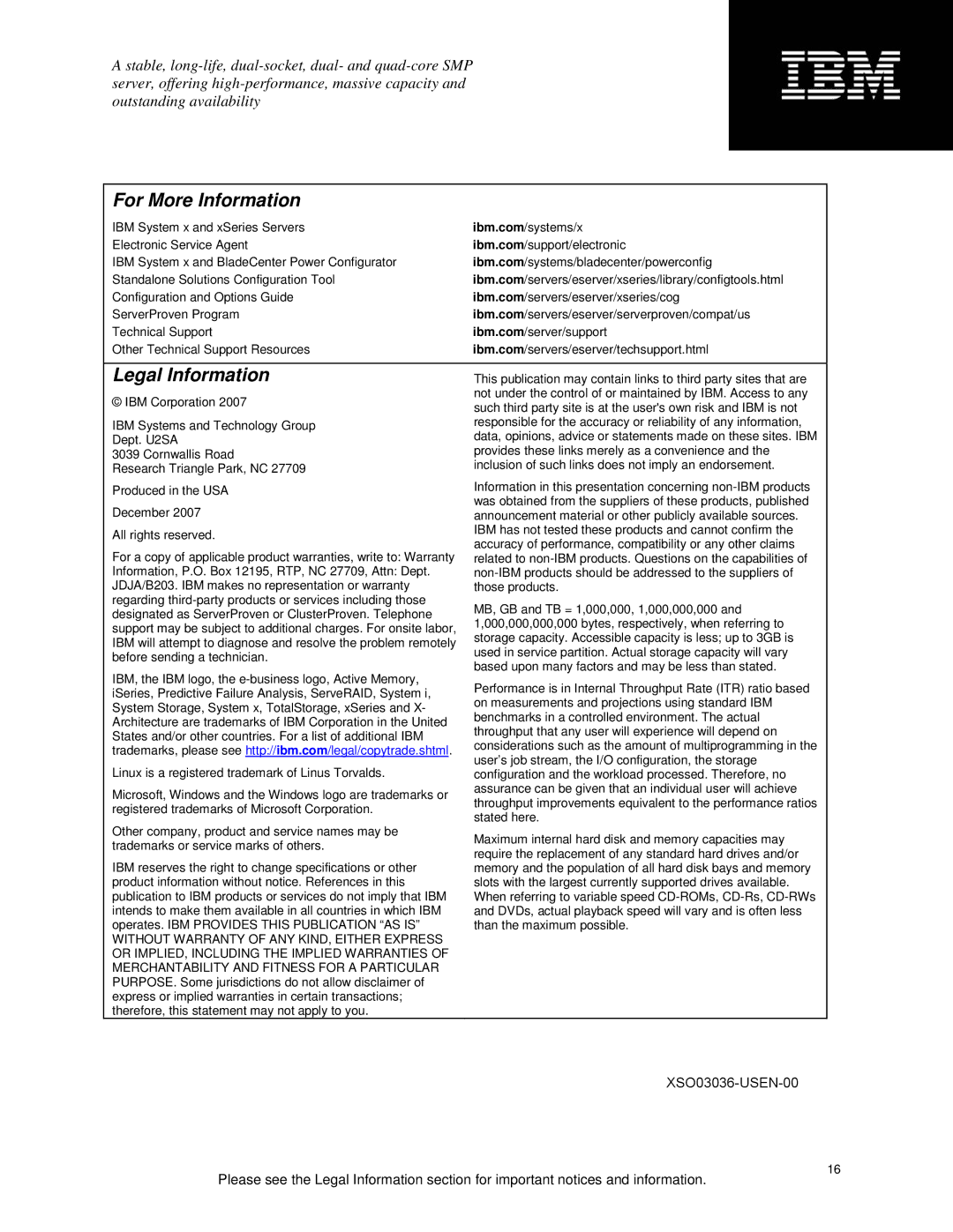 IBM X3500 specifications For More Information 