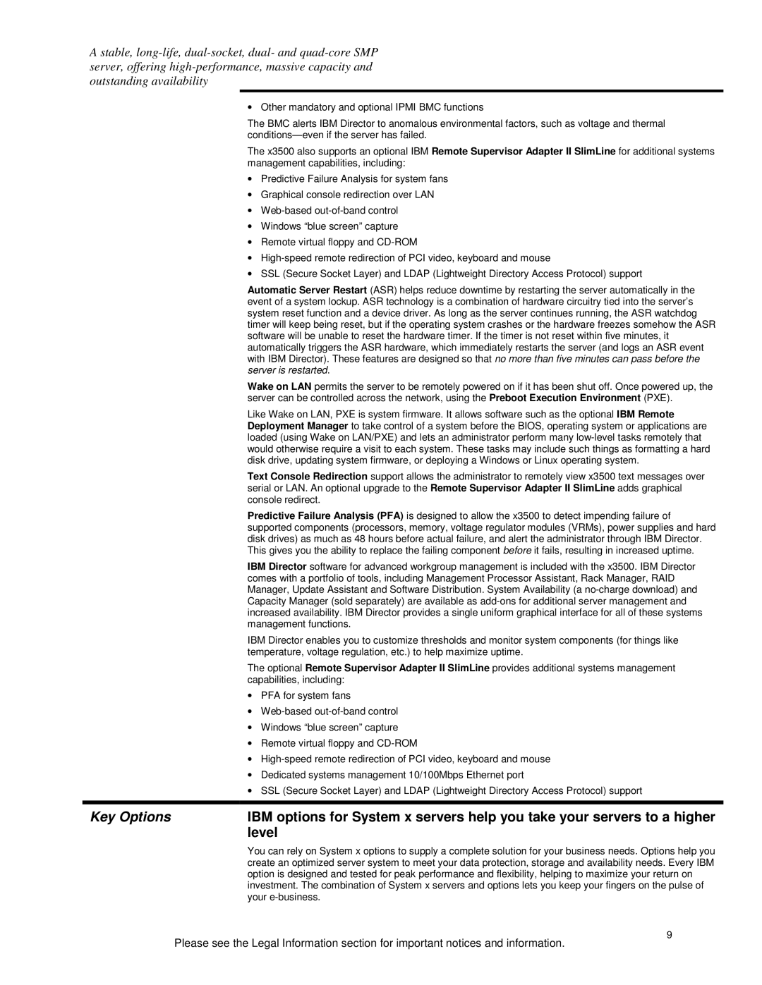 IBM X3500 specifications Key Options, Level 