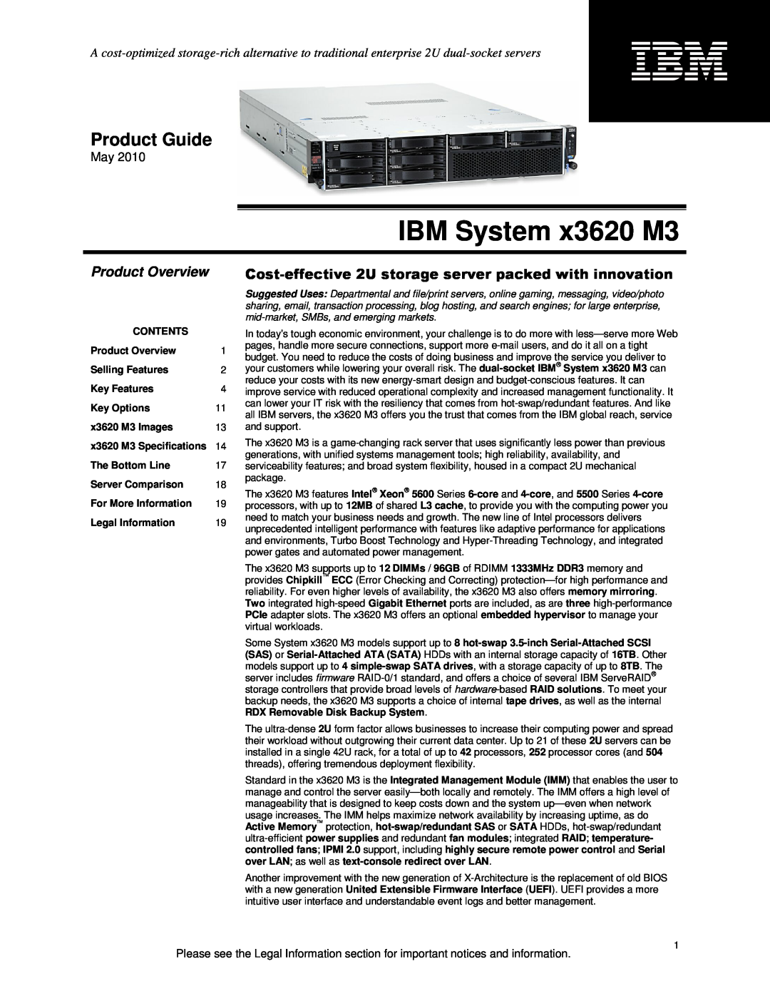 IBM X3620 M3 specifications Product Overview, IBM System x3620 M3, Product Guide 