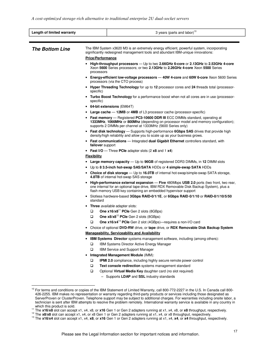IBM X3620 M3 Bottom Line, Length of limited warranty, Bit extensions EM64T, Flexibility, Integrated Management Module IMM 