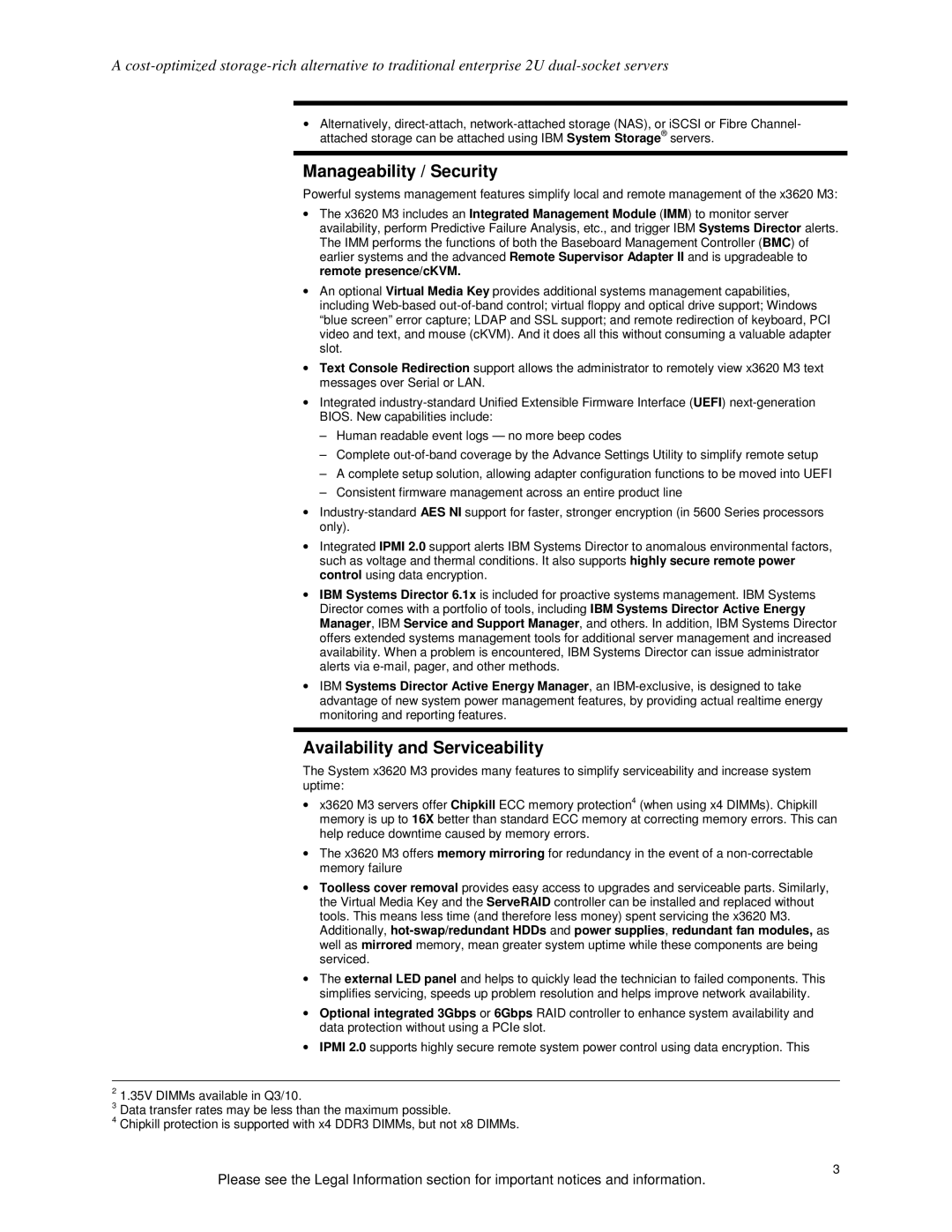 IBM X3620 M3 specifications Manageability / Security, Availability and Serviceability 