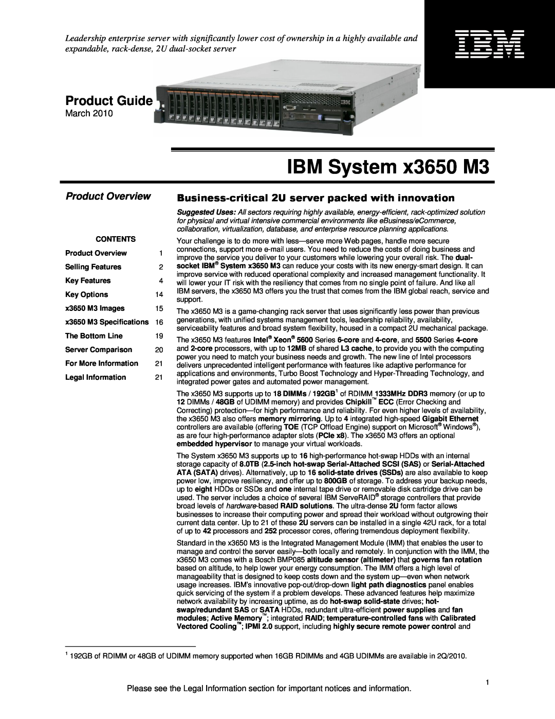 IBM X3650 M3 specifications Product Overview, IBM System x3650 M3, Product Guide, March 