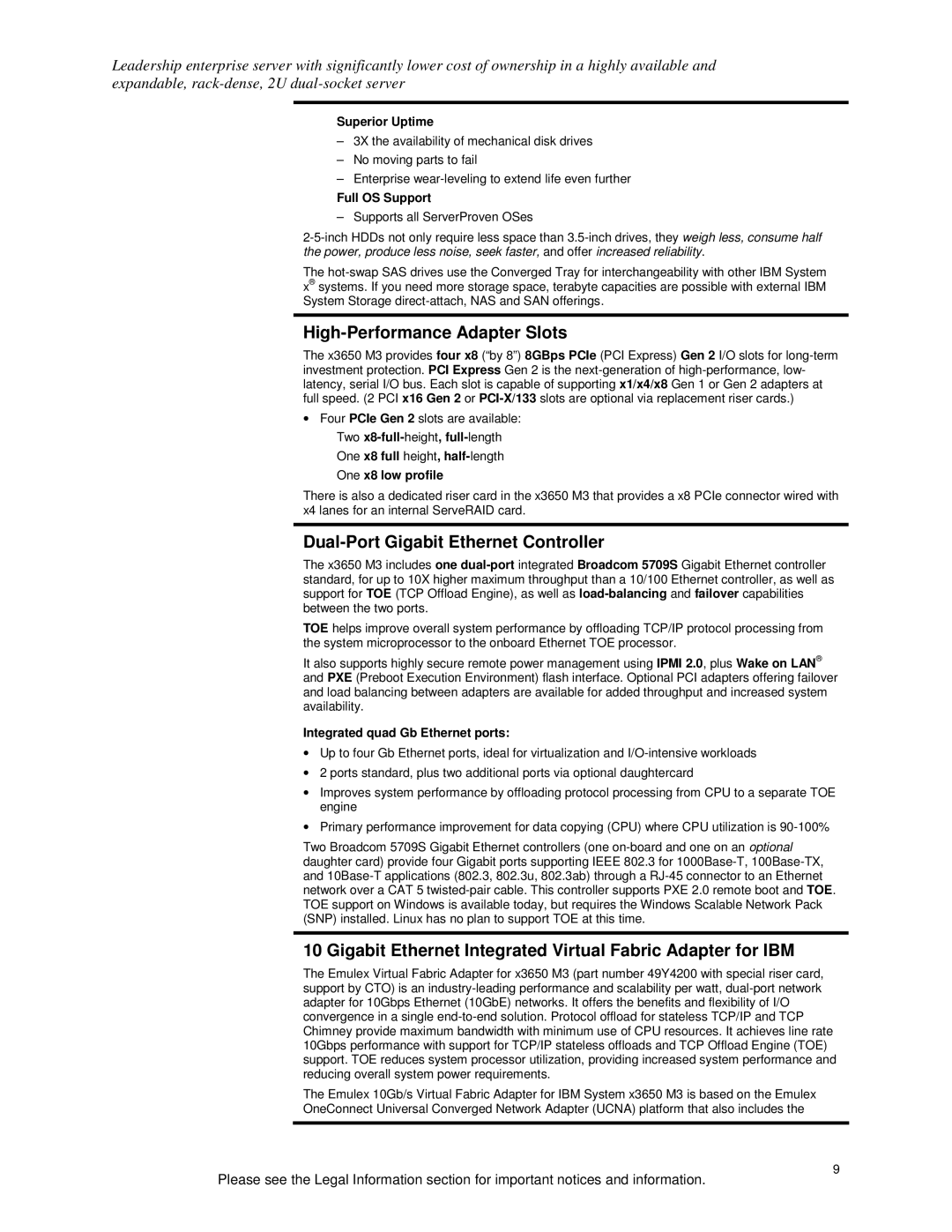 IBM X3650 M3 specifications High-Performance Adapter Slots, Dual-Port Gigabit Ethernet Controller 