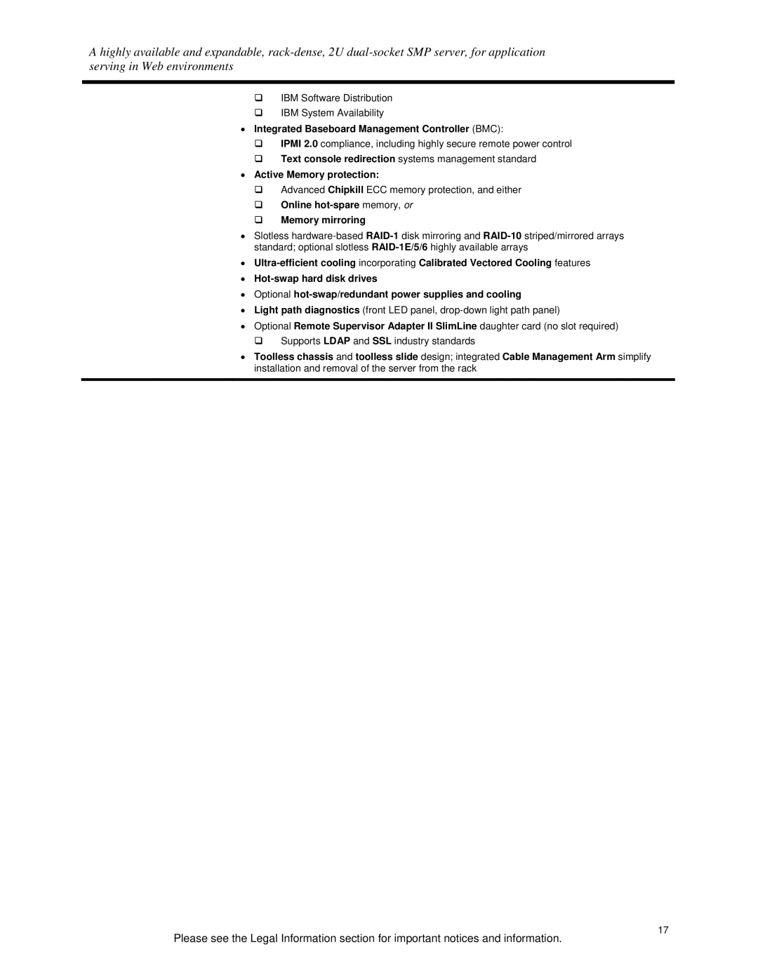 IBM X3650 specifications Integrated Baseboard Management Controller BMC, Active Memory protection 