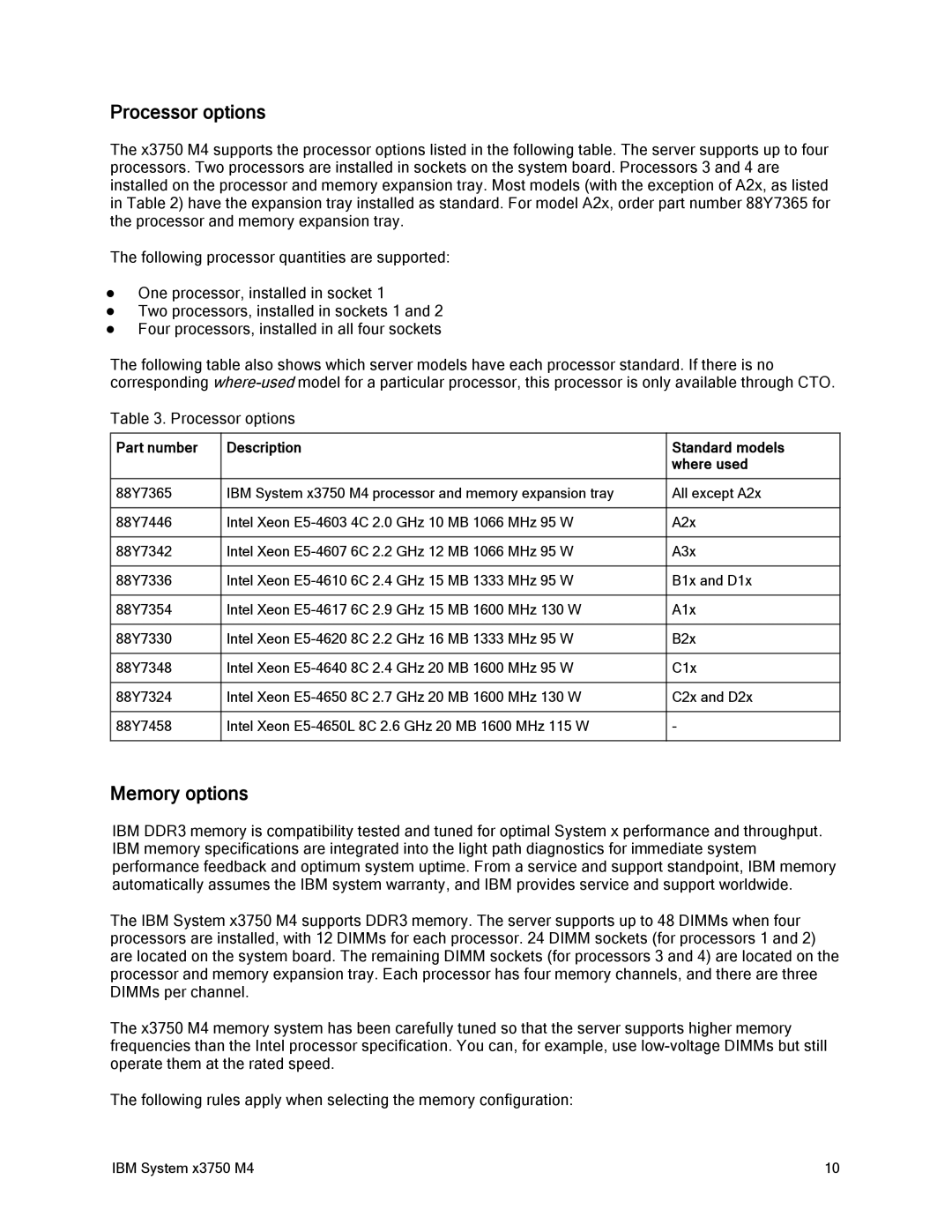 IBM x3759 M4, 88Y7429 manual Processor options, Memory options, Part number Description Standard models Where used 