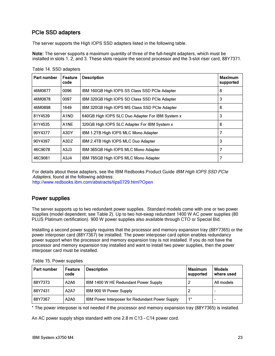 IBM 88Y7429, x3759 M4 manual PCIe SSD adapters, Power supplies 