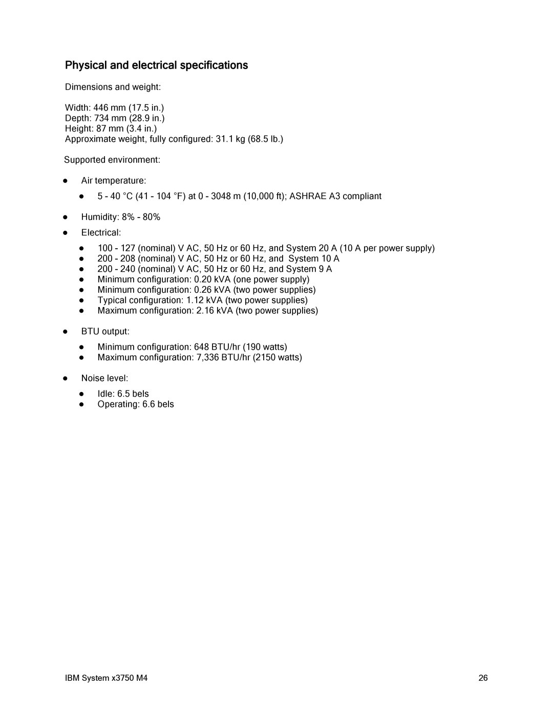 IBM x3759 M4, 88Y7429 manual Physical and electrical specifications 