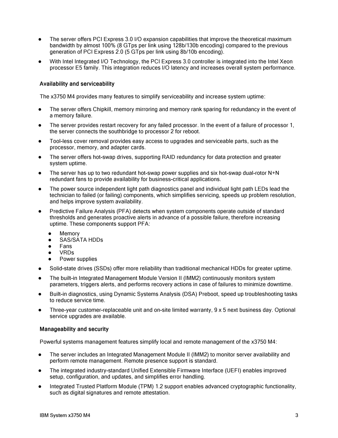 IBM 88Y7429, x3759 M4 manual Availability and serviceability, Manageability and security 