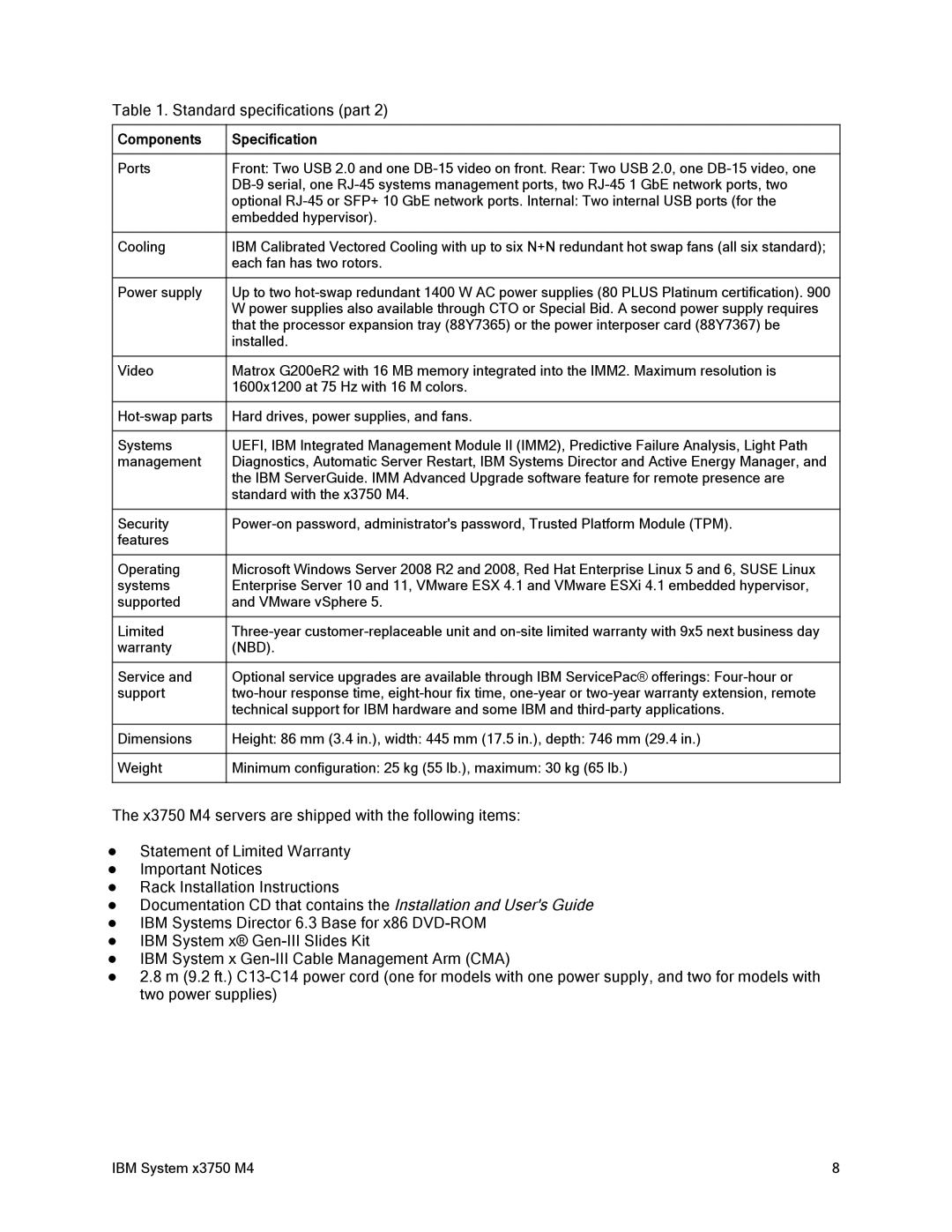 IBM x3759 M4, 88Y7429 manual Standard specifications part 