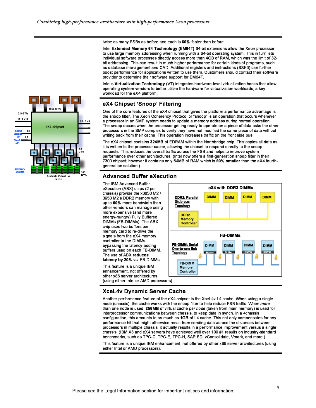 IBM X3850 M2, X3950 M2 manual eX4 Chipset ‘Snoop’ Filtering, Advanced Buffer eXecution, XceL4v Dynamic Server Cache 