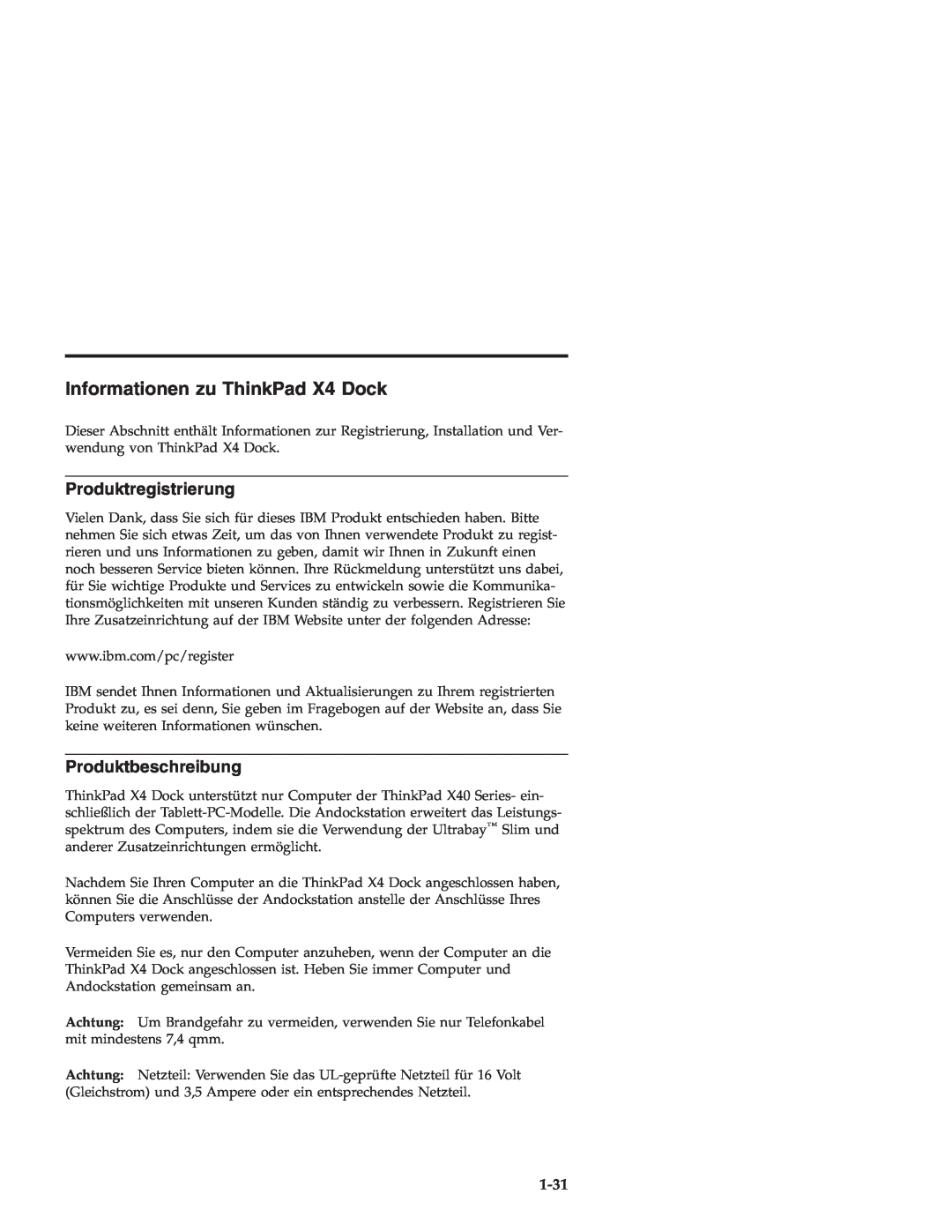 IBM manual Informationen zu ThinkPad X4 Dock, Produktregistrierung, Produktbeschreibung, 1-31 