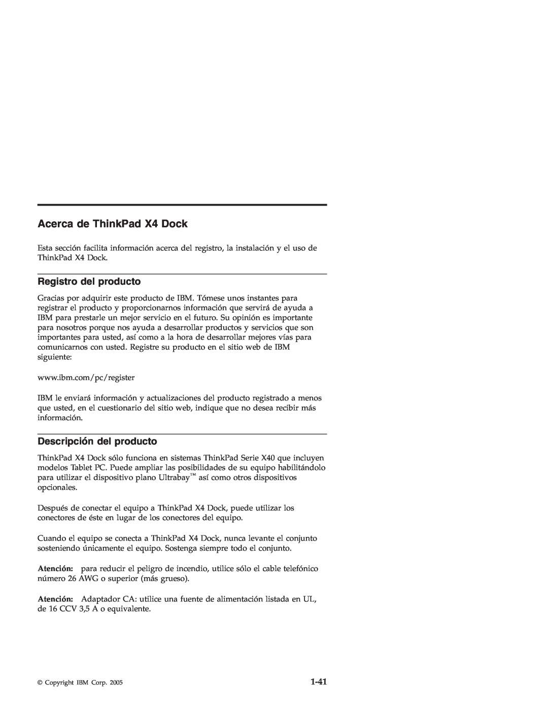 IBM manual Acerca de ThinkPad X4 Dock, Registro del producto, Descripción del producto, 1-41 