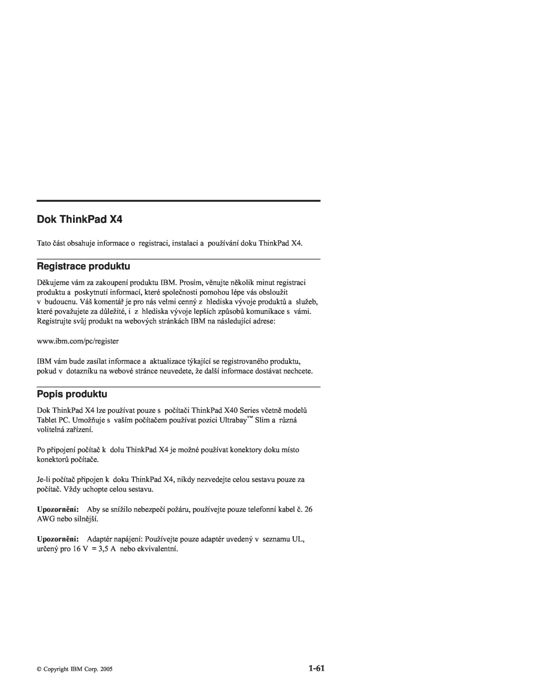 IBM X4 manual Dok ThinkPad, Registrace produktu, Popis produktu 