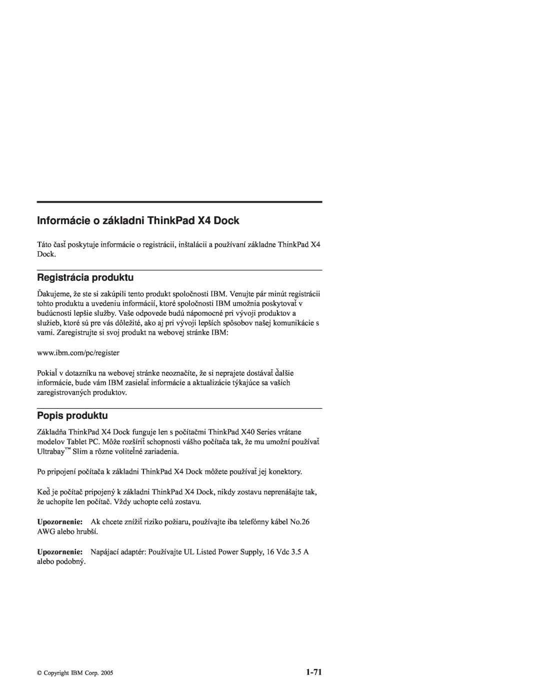 IBM manual Informácie o základni ThinkPad X4 Dock, Registrácia produktu, 1-71, Popis produktu 