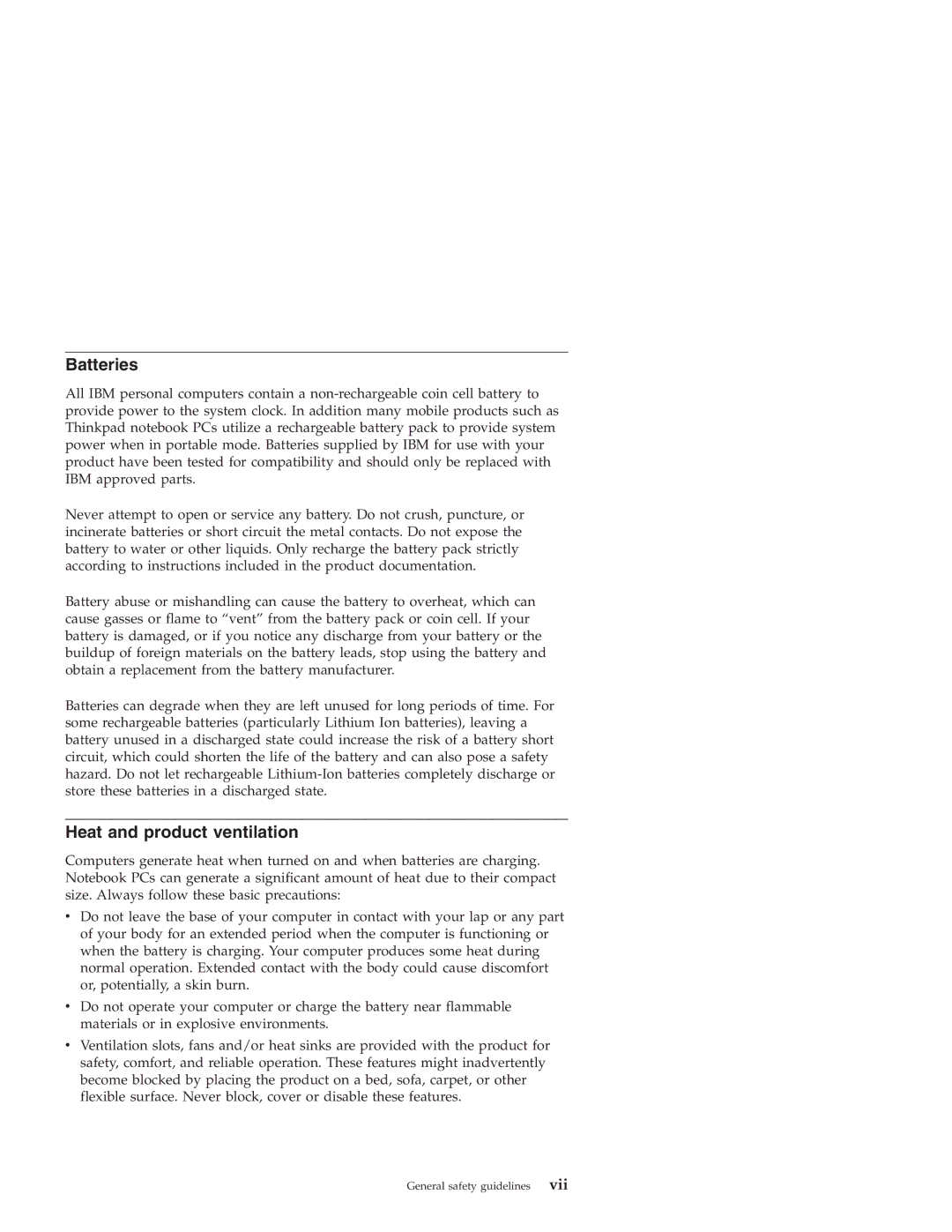 IBM X4 manual Batteries, Heat and product ventilation 