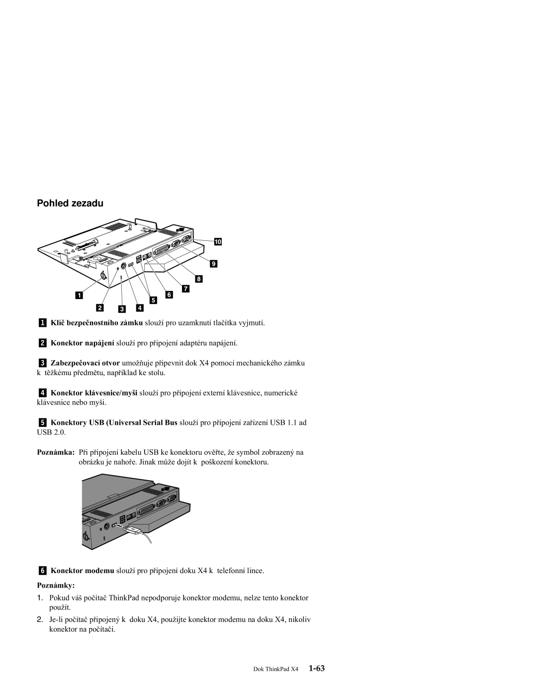 IBM X4 manual Pohled zezadu, Poznámky 