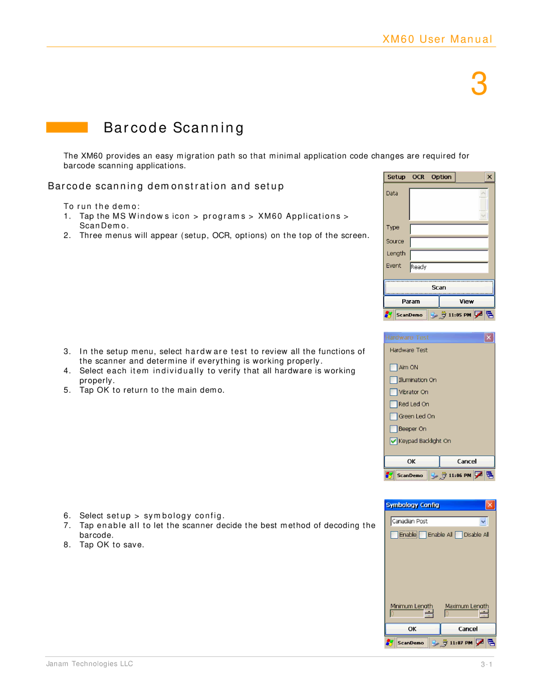 IBM XM60 manual Barcode Scanning, Barcode scanning demonstration and setup, Select setup symbology config 