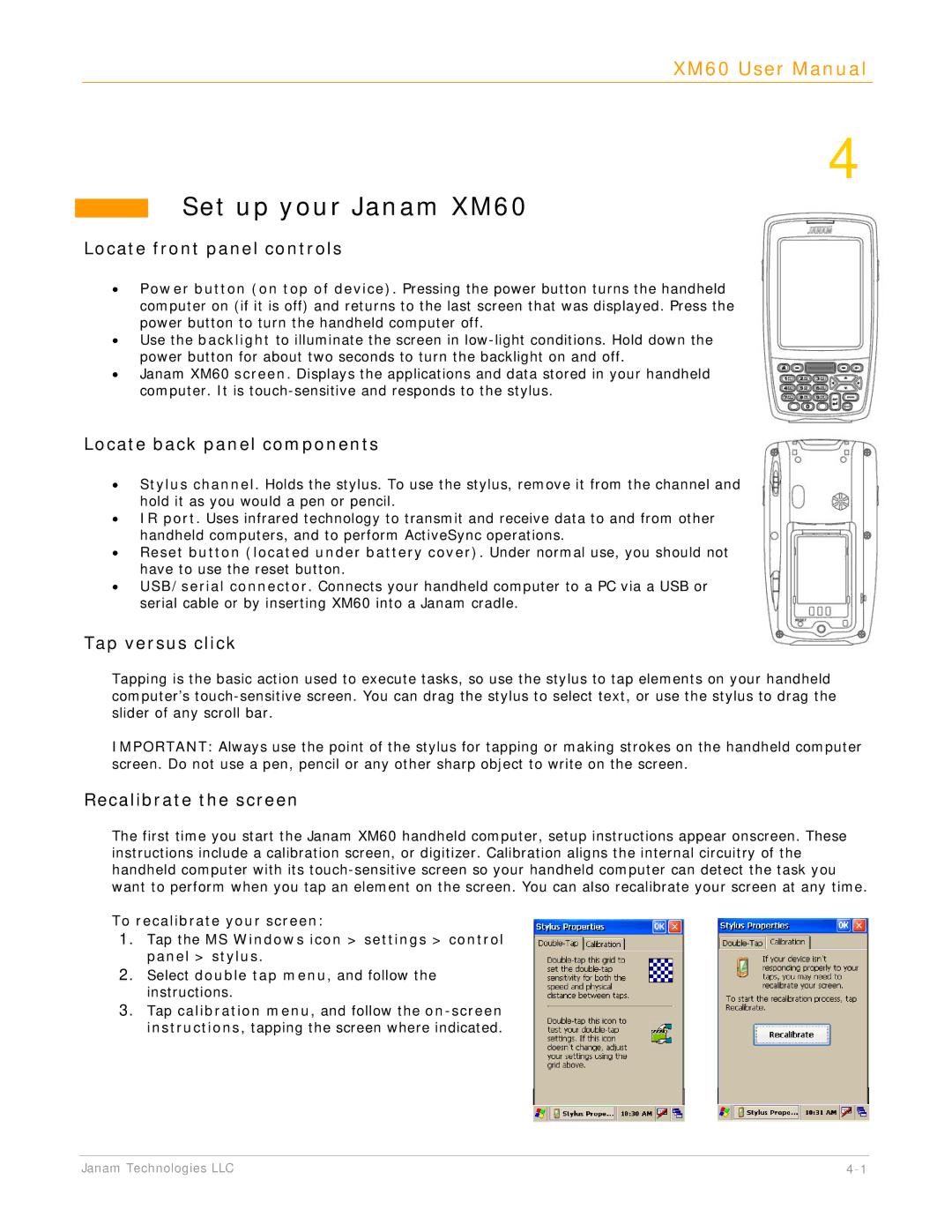 IBM manual Set up your Janam XM60, Locate front panel controls, Locate back panel components, Tap versus click 