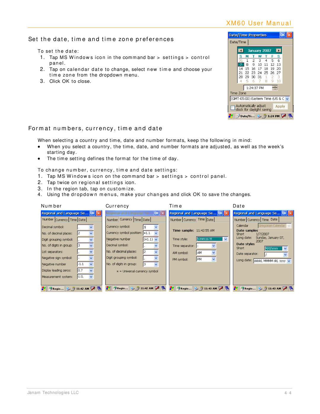 IBM XM60 Set the date, time and time zone preferences, Format numbers, currency, time and date, Number Currency Time Date 