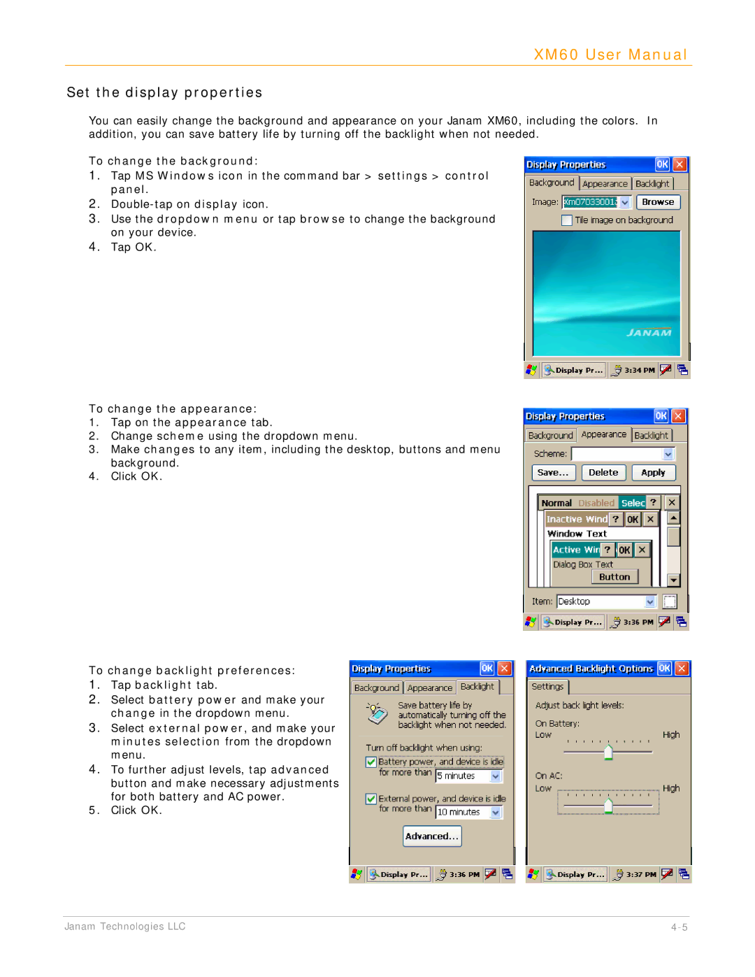 IBM XM60 manual Set the display properties, To change the appearance, To change backlight preferences Tap backlight tab 