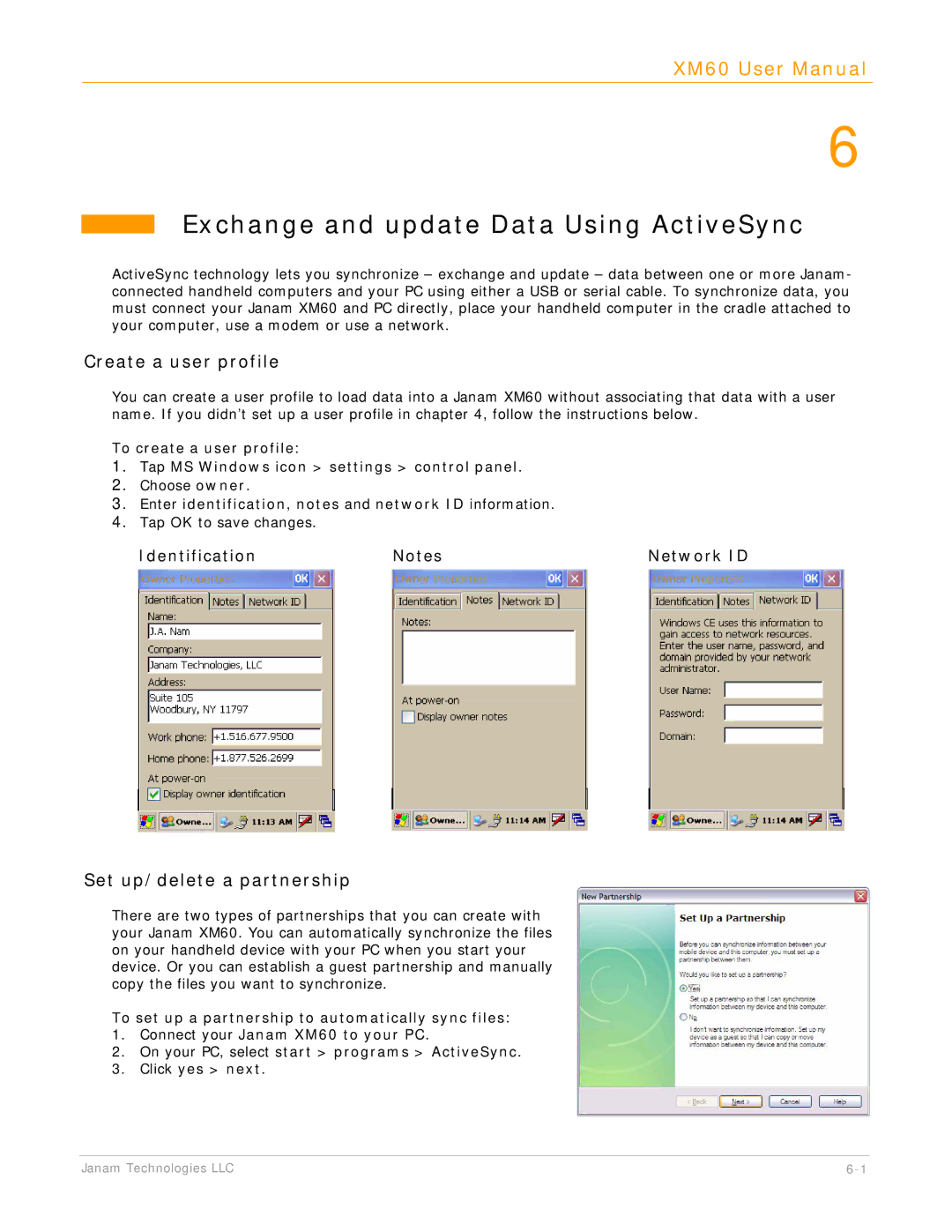 IBM XM60 manual Exchange and update Data Using ActiveSync, Create a user profile, Set up/delete a partnership 