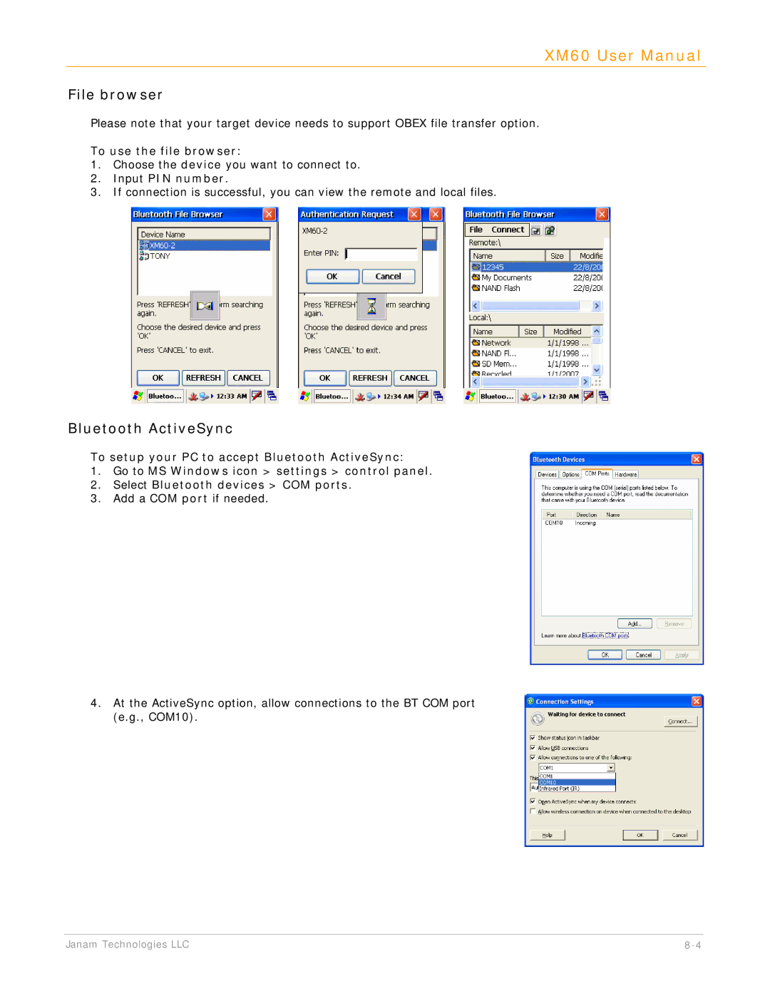 IBM XM60 manual File browser, Bluetooth ActiveSync, To use the file browser, Input PIN number 