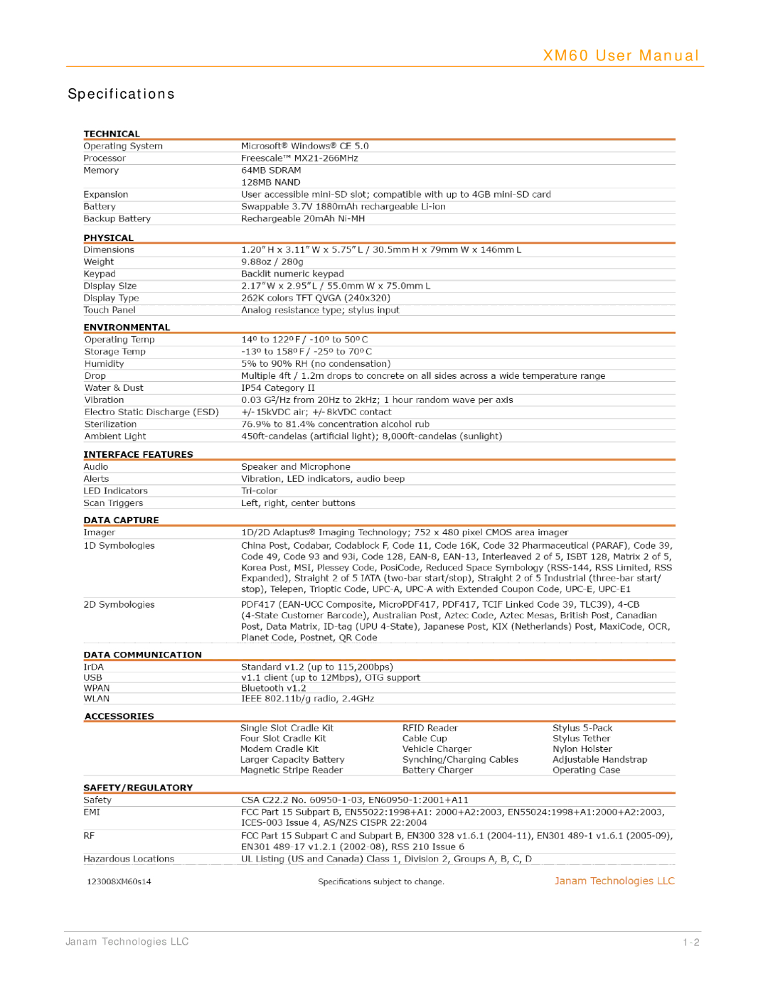 IBM XM60 manual Specifications 