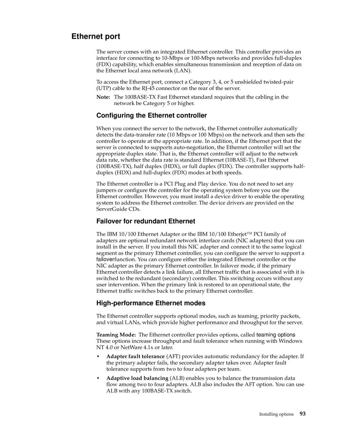 IBM XSERIES 220 manual Ethernet port, Configuring the Ethernet controller 