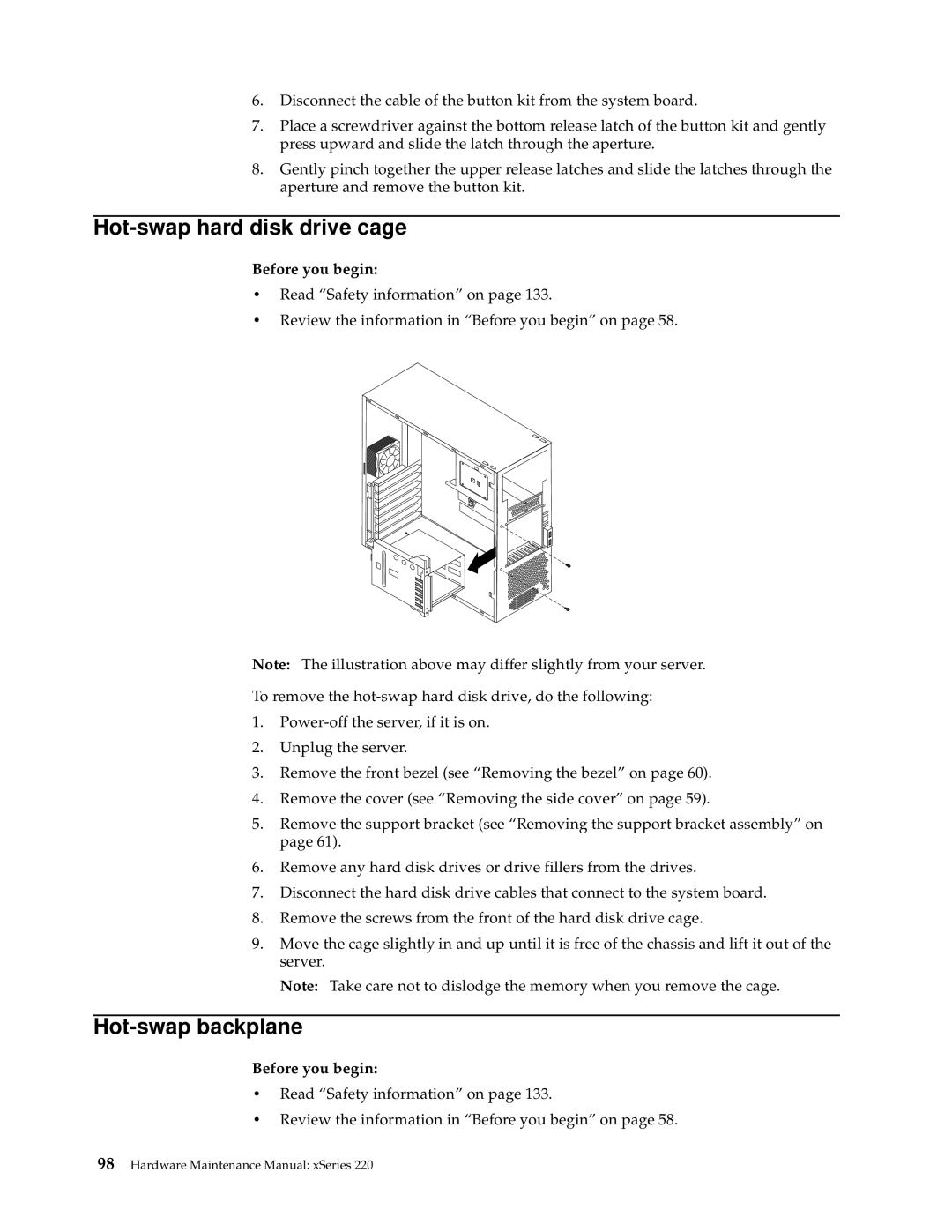 IBM XSERIES 220 manual Hot-swap hard disk drive cage, Hot-swap backplane 