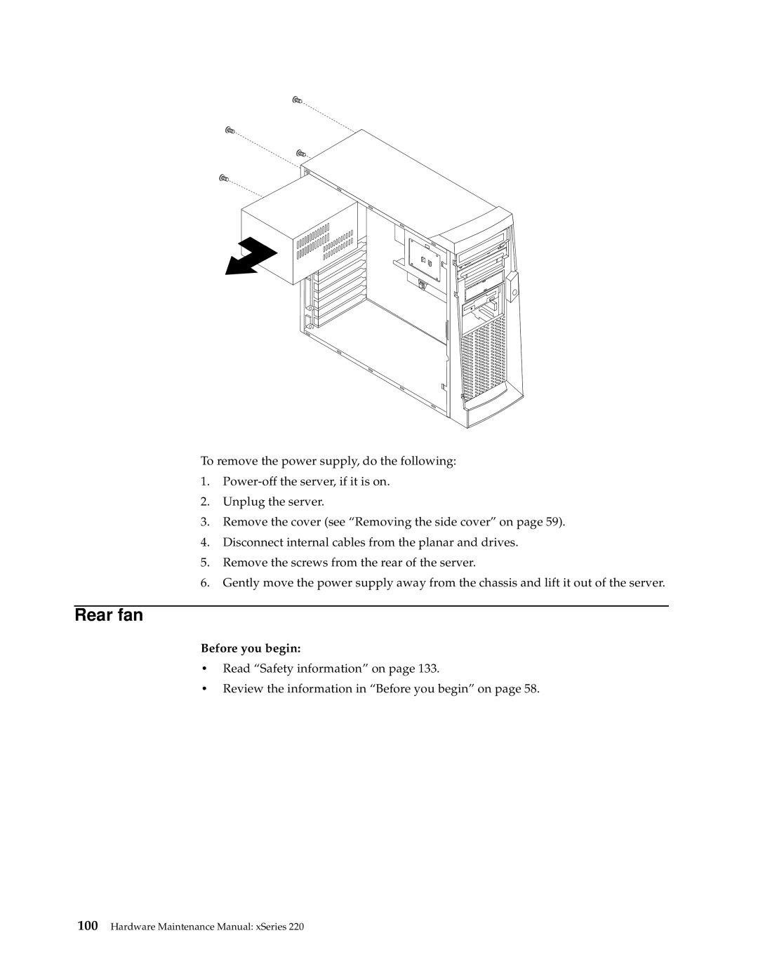 IBM XSERIES 220 manual Rear fan 