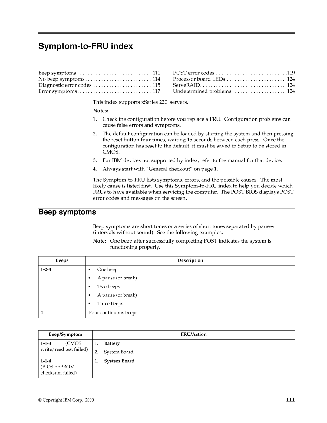 IBM XSERIES 220 manual Beep symptoms, Beeps Description, Beep/Symptom FRU/Action, Battery, System Board 