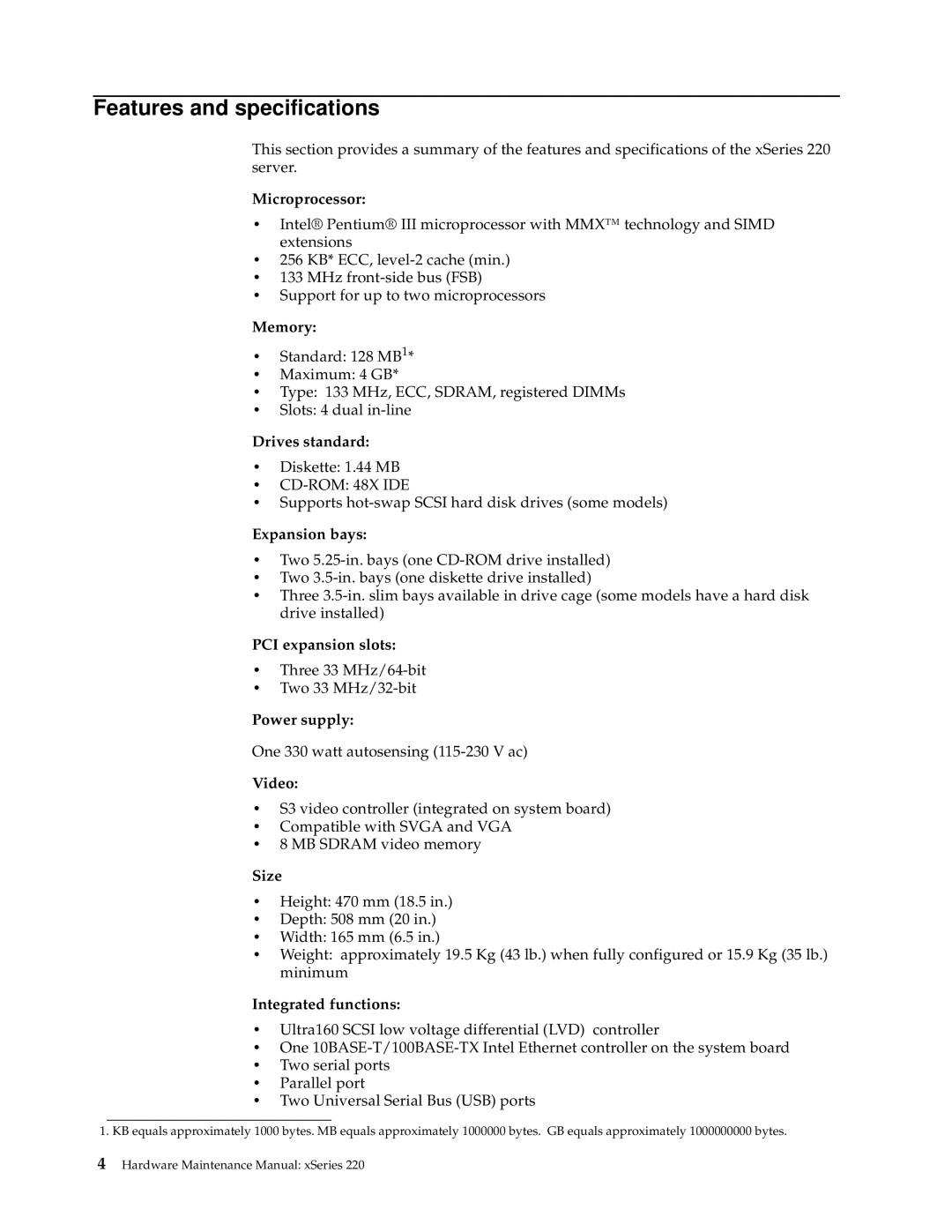 IBM XSERIES 220 manual Features and specifications 