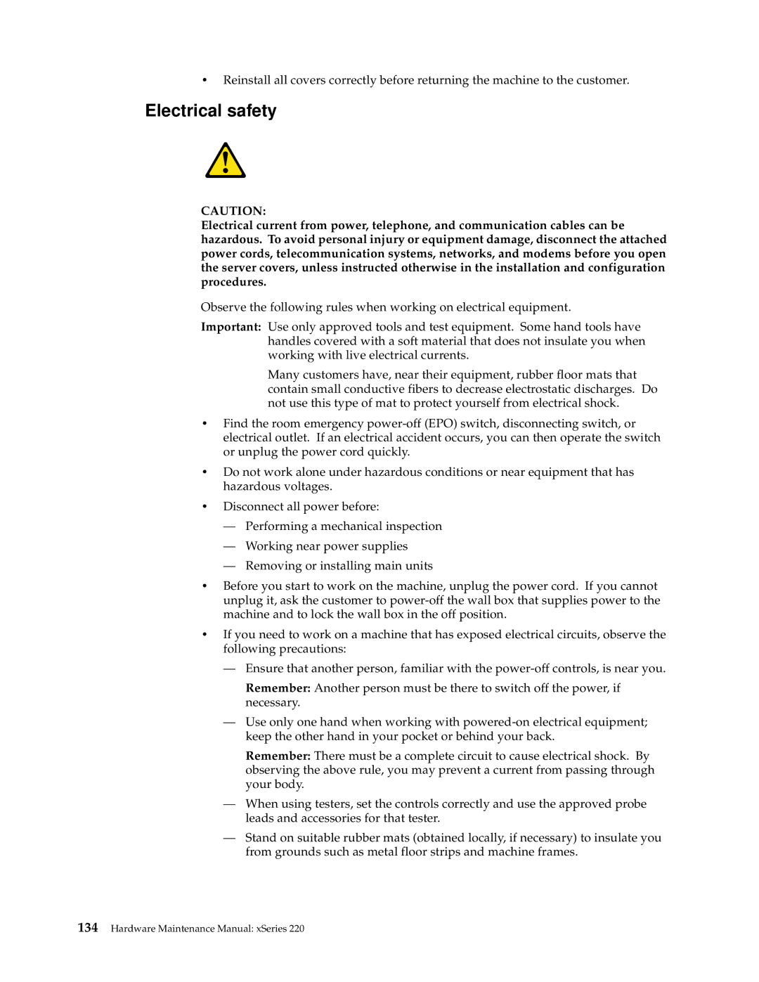 IBM XSERIES 220 manual Electrical safety 