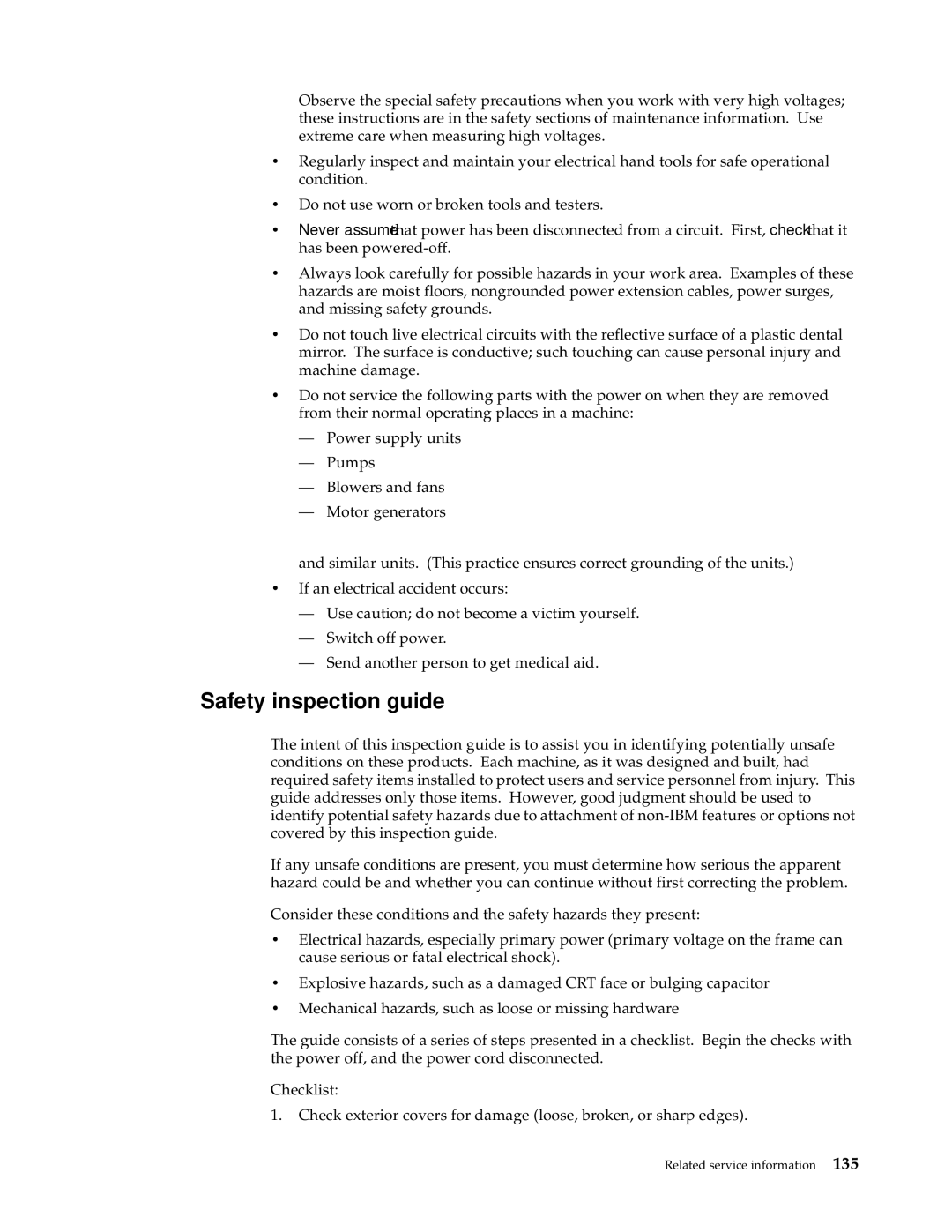 IBM XSERIES 220 manual Safety inspection guide 