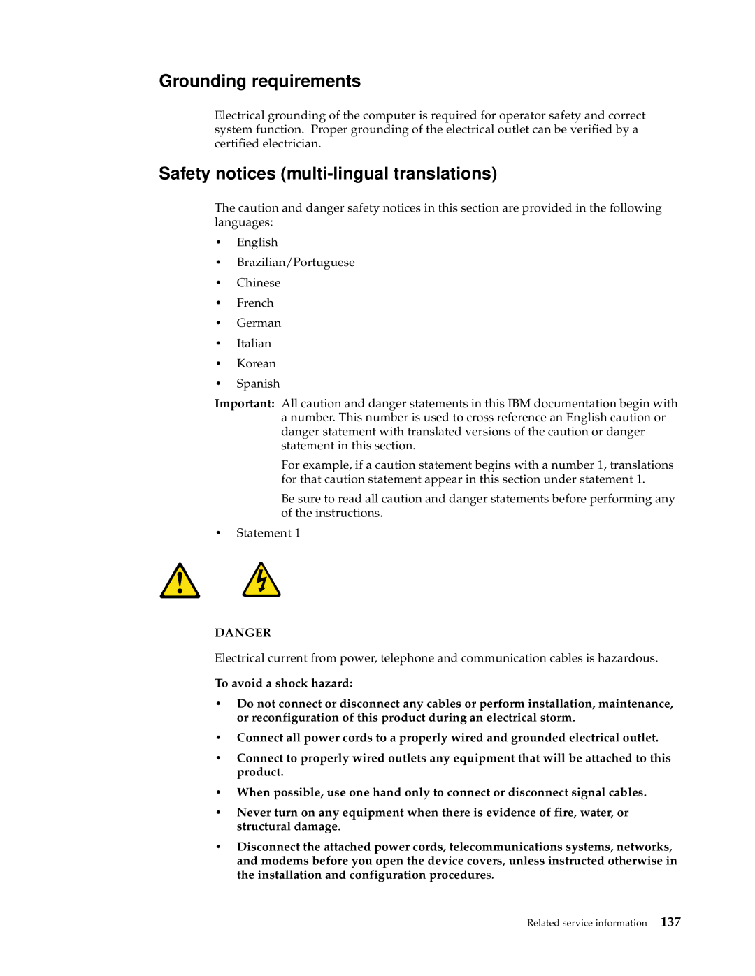 IBM XSERIES 220 manual Grounding requirements, Safety notices multi-lingual translations 