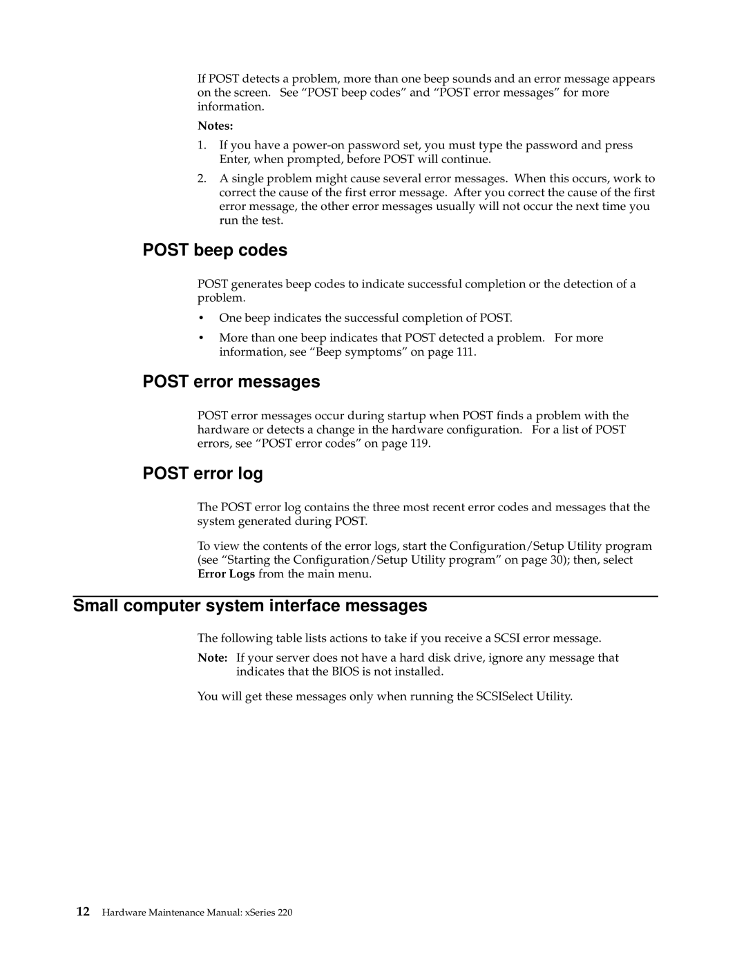 IBM XSERIES 220 manual Post beep codes, Post error messages, Post error log, Small computer system interface messages 